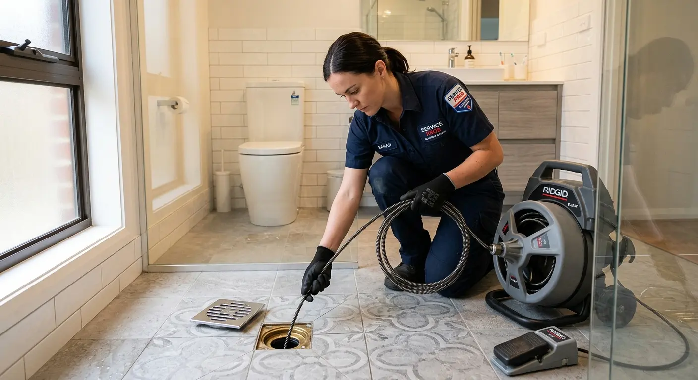 Technician clearing a bathroom floor drain for Sewer Line Replacement in Washington